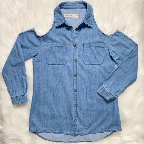 SOLD-ASOS Cold Shoulder Denim Buttondown - Picture 3 of 7
